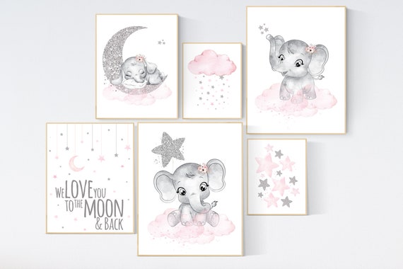 Nursery wall art girl, pink and silver, elephant nursery prints, nursery wall art girl, baby girl elephant nursery decor, girl nursery decor