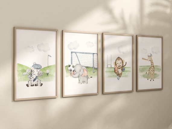 Sports nursery decor, Baby Animals Sport, Baby boy sports nursery, Safari nursery, baseball, football, golf, soccer, sports animals