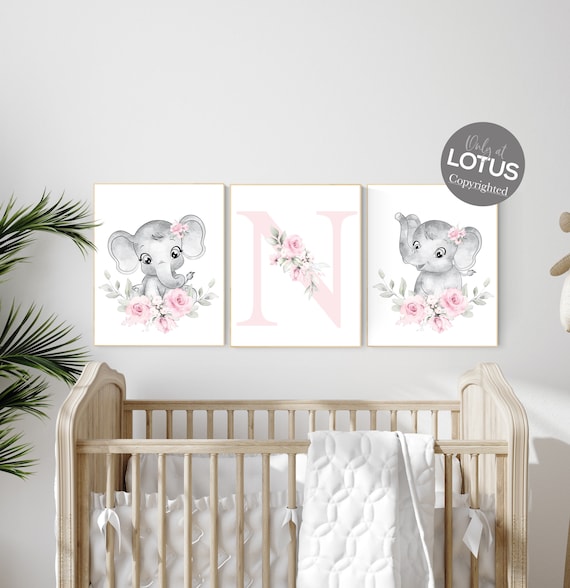 Elephant Nursery Print: Pink Floral Boho Baby Room Decor