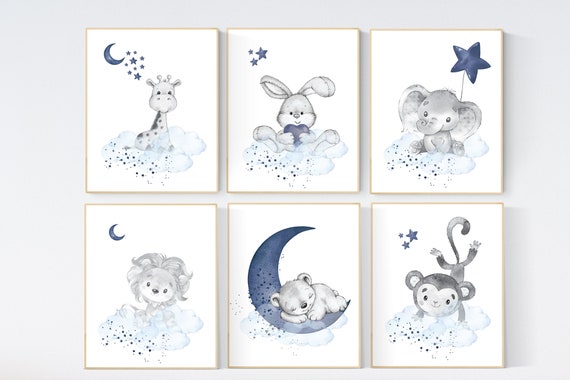 Nursery decor boy animals, nursery wall art boy, navy blue, animal prints for nursery, navy blue nursery wall decor, set of 6 prints