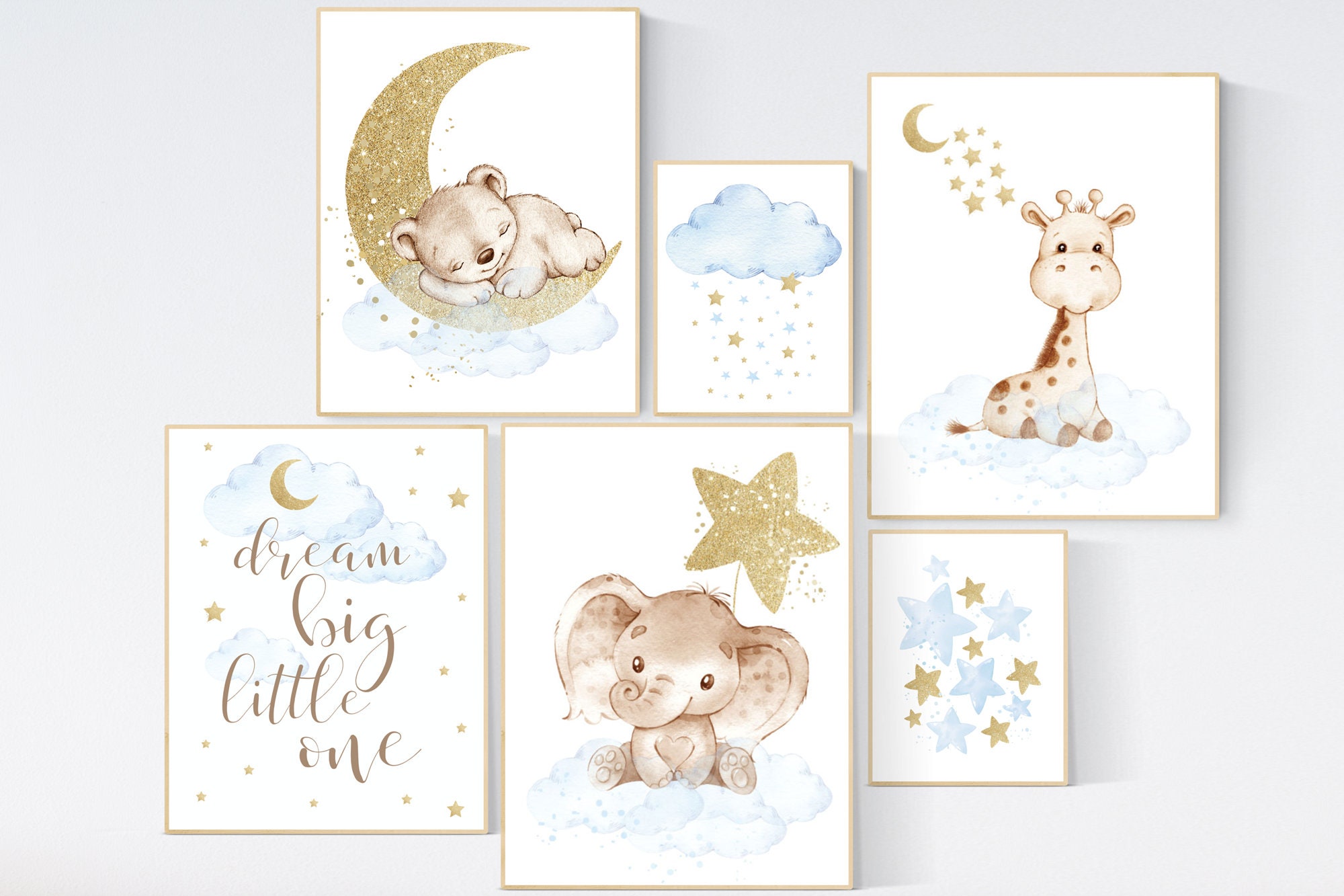 Stampe Artistiche Per Cameretta - Set 3 Quadri Animali Giungla, Elefante Giraffa Leone, Stile Bohémien, 30,5x40,6 Cm, Tela Naturale