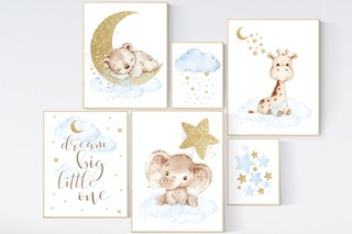 Stampe Artistiche Per Cameretta - Set 3 Quadri Animali Giungla, Elefante Giraffa Leone, Stile Bohémien, 30,5x40,6 Cm, Tela Naturale