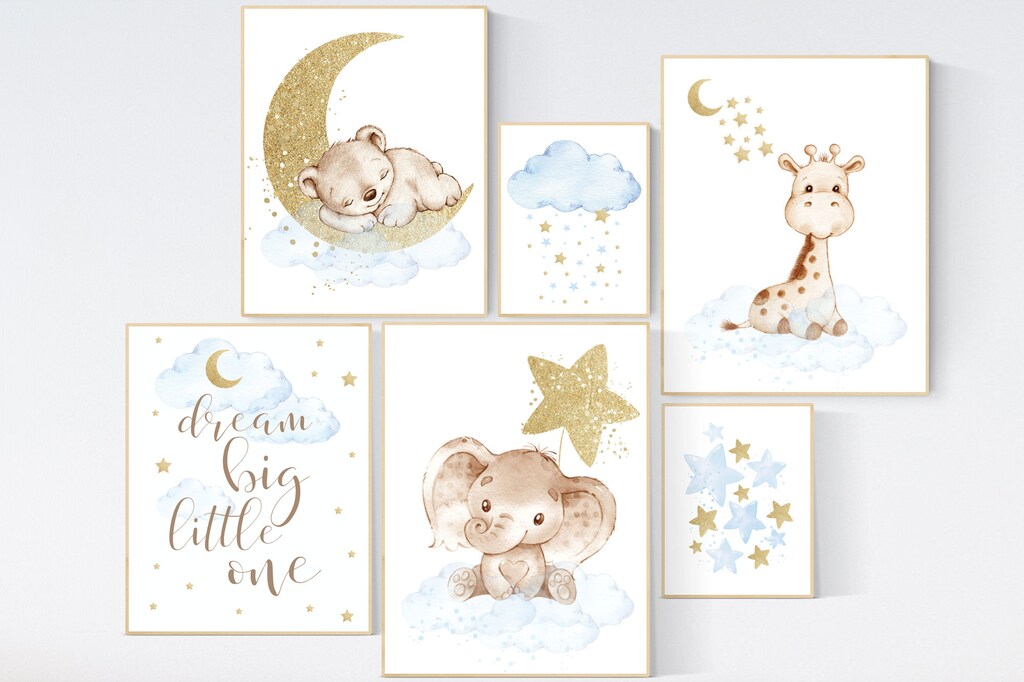 Stampe Artistiche Per Cameretta - Set 3 Quadri Animali Giungla, Elefante Giraffa Leone, Stile Bohémien, 30,5x40,6 Cm, Tela Naturale