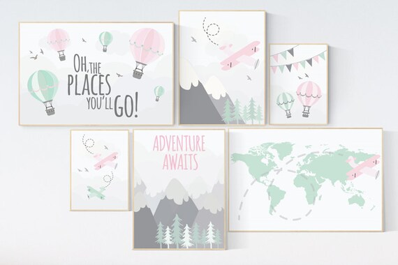 Pink mint nursery, Mountain nursery art, adventure awaits baby room print, adventure nursery, hot air balloon Nursery decor, world map