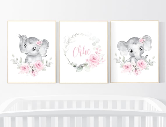 Nursery wall art elephant, nursery decor girl flower, nursery decor girl floral, Boho baby room, pink nursery decor, flower baby room