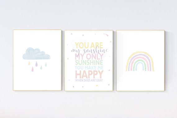 Nursery decor rainbow, neutral Rainbow Wall Art, rainbow Print Set, Cloud Rainbow Sun, Rainbow Wall Art, gender neutral, pastel colors