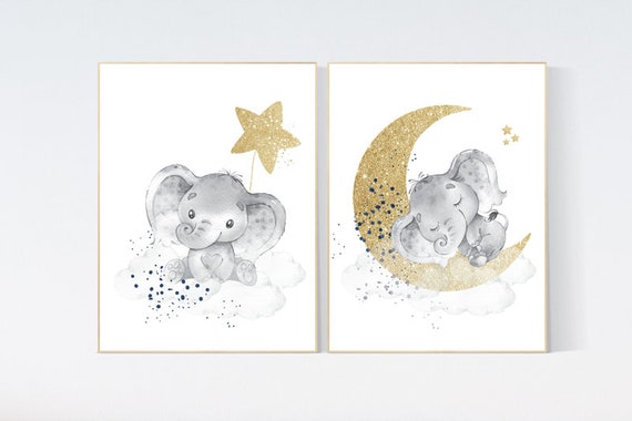 Nursery wall art navy gold, nursery decor elephant, neutral nursery wall art, gray, grey, gold, gender neutral, navy and gold nursery