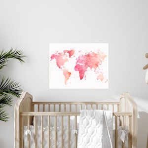 Rosa Weltkarte, Weltkarte, Landkarte, Baby Mädchen Kinderzimmer, rosa Aquarell Weltkarte Wandkunst, Geschenk, Baby-Kinderzimmer Dekor, Geschenk, Pastellfarben