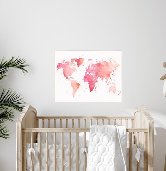 Pink World Map, watercolor map, baby girl nursery, pink watercolor world map wall art, gift, baby nursery room decor, gift, pastel colors