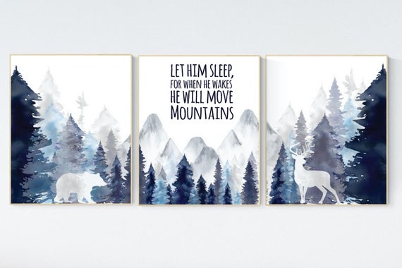 Nursery decor woodland, mountain wall art, tree nursery decor, adventure theme nursery, forest, navy and baby blue, woodland animals