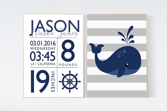 Nautical nursery prints, navy nursery decor, baby birth stats, Nautical decor, whale nursery decor, set of 2, name sign, Birth announcement