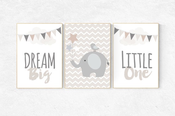 Dream Big Little One, gender neutral nursery, beige and cream, elephant Nursery, Nursery Decor, Gray Beige gender neutral baby shower