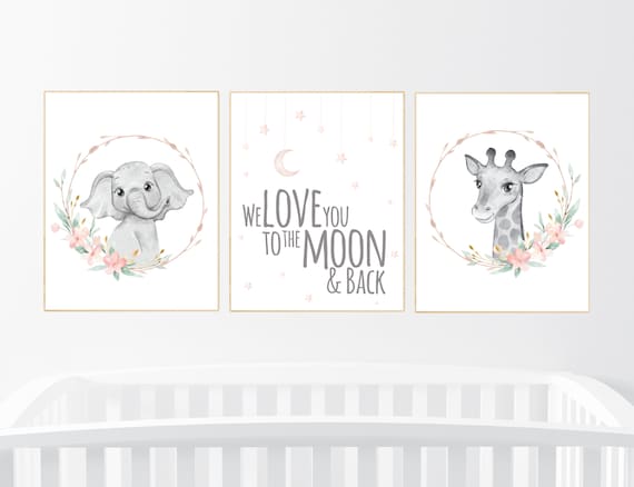 Nursery decor girl boho, animal nursery, blush nursery, blush pink, floral nursery prints, elephant nursery, giraffe, girl nursery