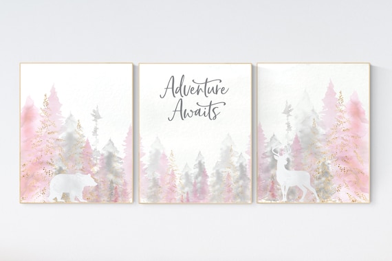 Nursery decor woodland, mountain wall art, pink gold nursery decor, adventure theme nursery, forest, pink and gray, woodland animals