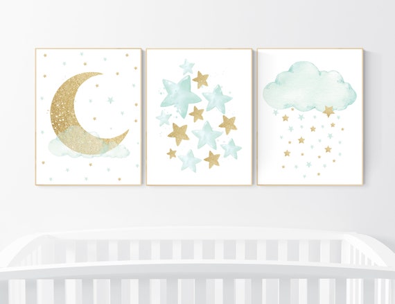 Mint gold nursery decor, stars, moon, cloud, nursery wall art mint, gender neutral nursery, mint green nursery, cloud nursery