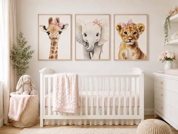 Baby Girl Safari Nursery Wall Art Set of 3, Giraffe Elephant Lion Prints, Pink Bow