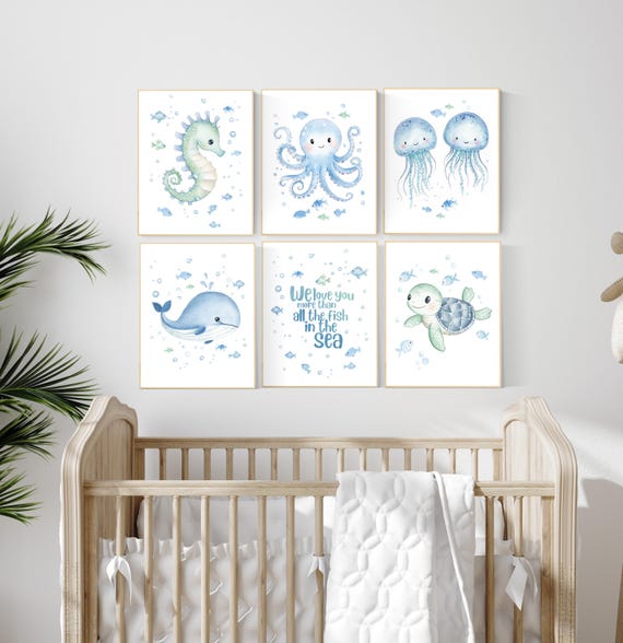 Under the Sea Nursery Wall Art Set, Ocean Animal Prints, Sea Turtle, Whale, Octopus, Jellyfish, Baby Boy Room Decor, Ocean Quote Print