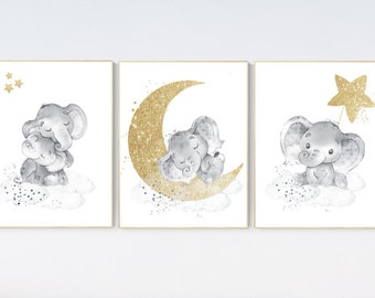 Elephant Nursery Art Prints: Gold Moon & Stars Decor