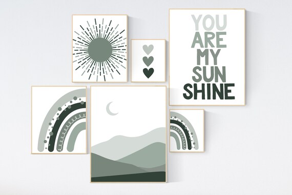 Gender neutral nursery, rainbow nursery, sage green nursery wall decor, nursery decor neutral, rainbow nursery, you are my sunshine, green