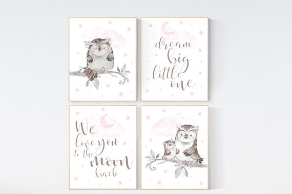 Nursery decor girl owl, we love you to the moon and back, owl nursery decor, girl nursery wall art, nursery ideas, pink nursery print