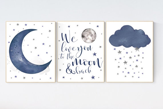 Nursery wall art boy, Nursery decor boy navy blue,  navy nursery decor, moon and stars, we love you to the moon and back, nursery prints boy