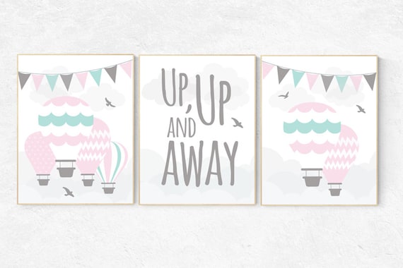 Pink and aqua nursery, up and up away,  hot air balloon nursery, set of 3, nursery decor, nursery print, nursery wall art, baby room art
