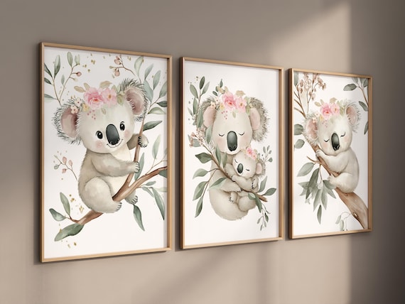 Koala Nursery Wall Art Set, Baby Girl Animal Prints, Floral Koala Bear Posters, Woodland Nursery Decor, cute Koala Baby Room Art, girls room
