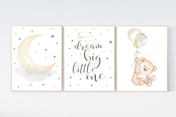 Nursery decor bear, nursery decor neutral, nursery wall art bear, dream big little one, moon and stars, neutral colors nursery decor