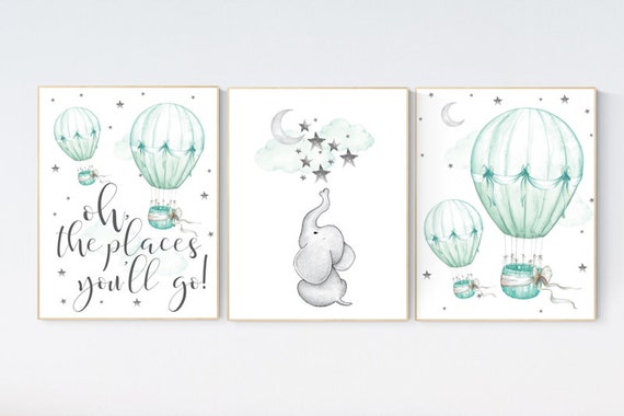 Mint nursery decor, nursery decor elephant, hot air balloon, gender neutral nursery, oh the places you'll go, mint green nursery wall art