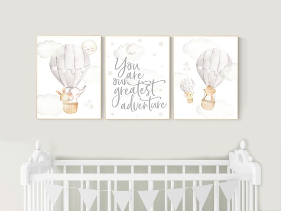 Nursery decor gender neutral, hot air balloon, elephant nursery, woodland animals, baby room decor, animal nursery, hot air balloons