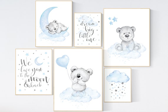 Nursery wall art bear, Nursery decor boy animal, nursery wall art boy, blue gray wall art, bear nursery art, nursery prints set