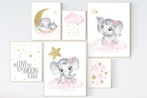 Nursery wall decor girl elephant, pink gold nursery art, elephant nursery decor girl, elephant nursery print, pink and gold, flower nursery