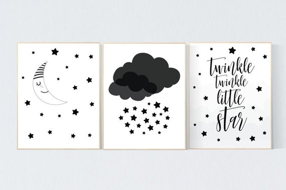 Black and white nursery prints, baby room decor gender neutral, Nursery wall art black and white, cloud and stars, black white nursery art