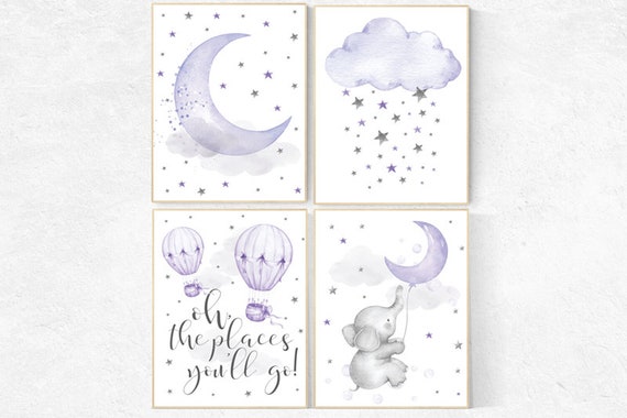 Nursery decor elephant, Nursery decor girl purple, Nursery decor girl lavender and gray, oh the places you'll go, lilac, hot air balloons