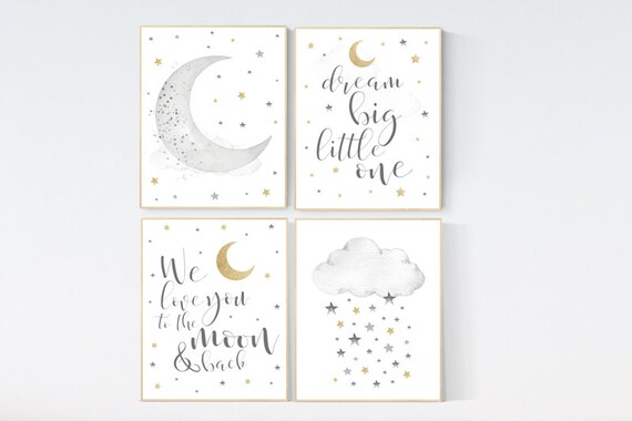 Nursery wall art grey, gray gold  nursery, rainbow nursery decor, baby room decor gender neutral, moon and stars, baby room wall art,