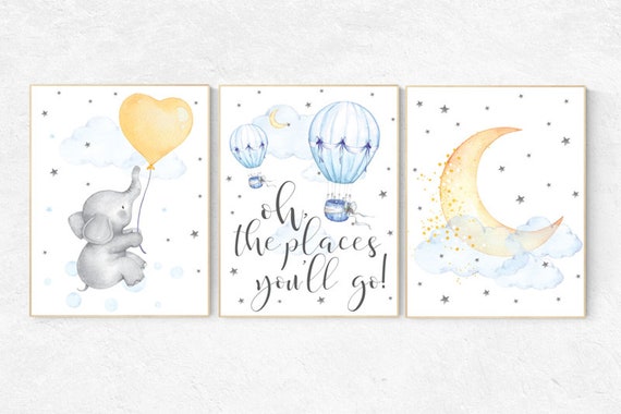 Nursery decor hot air balloons, nursery wall art neutral, gender neutral, Oh the places you'll go, moon and stars nursery, baby room decor