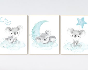 Koala nursery, teal nursery, moon and stars, nursery prints animals, gender neutral nursery, koala mother and baby, animal prints