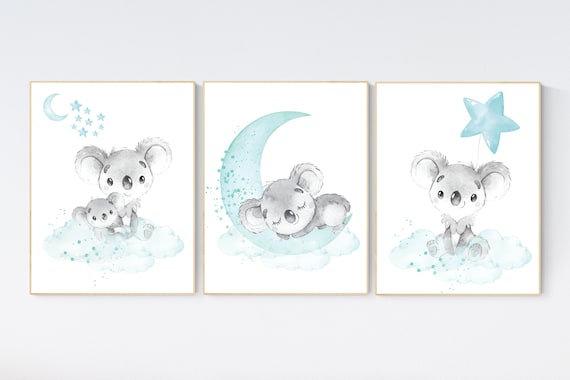 Koala nursery, teal nursery, moon and stars, nursery prints animals, gender neutral nursery, koala mother and baby, animal prints