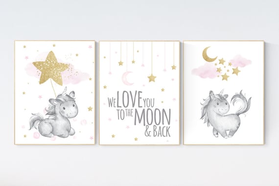 Nursery decor unicorn, baby room decor girl gold and pink, we love you to the moon and back, cloud and stars, nursery wall art unicorn