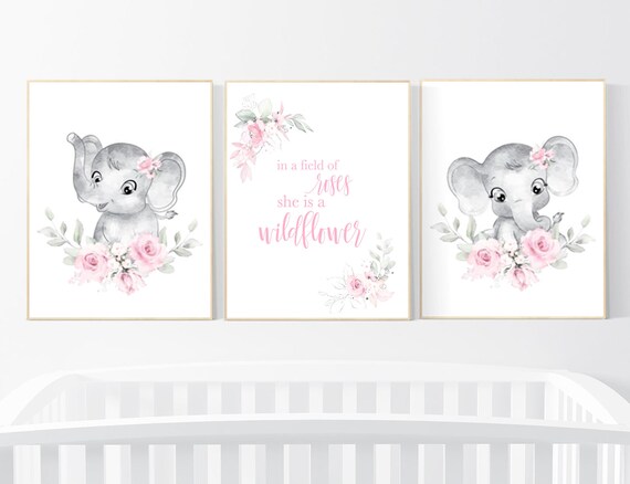 Nursery wall art elephant, nursery decor girl flower, nursery decor girl floral, Boho baby room, pink nursery decor, flower baby room