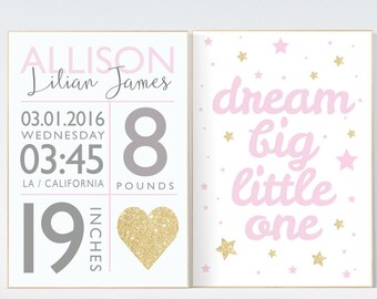 Nursery decor pink and gold, Dream Big Little One, pink gold nursery wall art, nursery decor girl name, girls room decor, nursery girl name