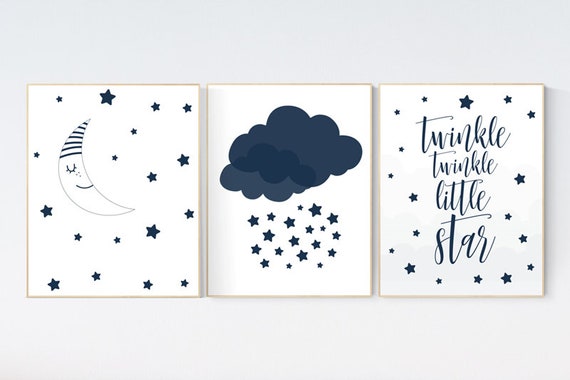 Navy blue nursery prints, baby room decor boy, Nursery wall art, boys room, moon and stars, twinkle twinkle little star, moon nursery