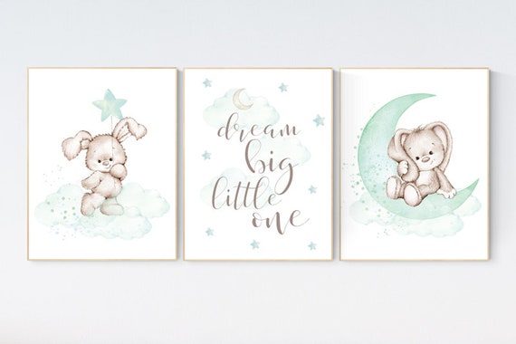 Nursery decor bunny, mint nursery, rabbit nursery, mint green nursery, dream big little one, Bunny print, gender neutral, woodland animals