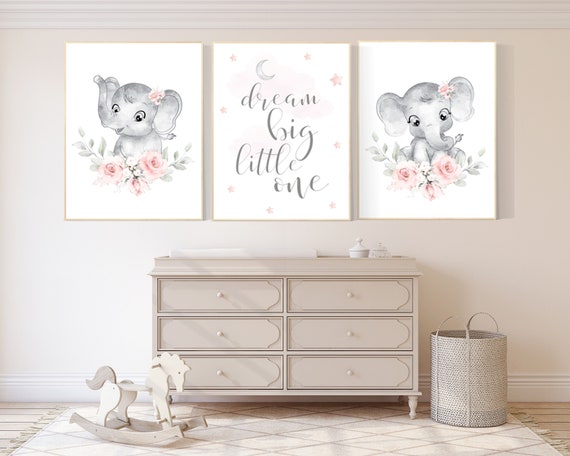 Nursery decor girl flower, blush, elephant nursery wall art, nursery decor girl floral, nursery decor girl woodland, floral nursery, boho