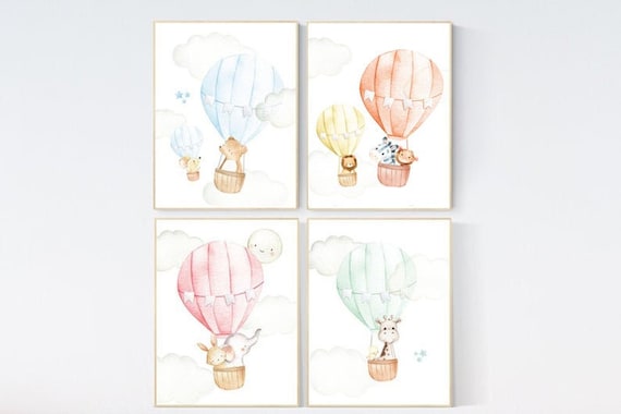 Animal prints for nursery, hot air balloon nursery, gender neutral, set of 4, baby room decor, travel theme, balloon prints, play room