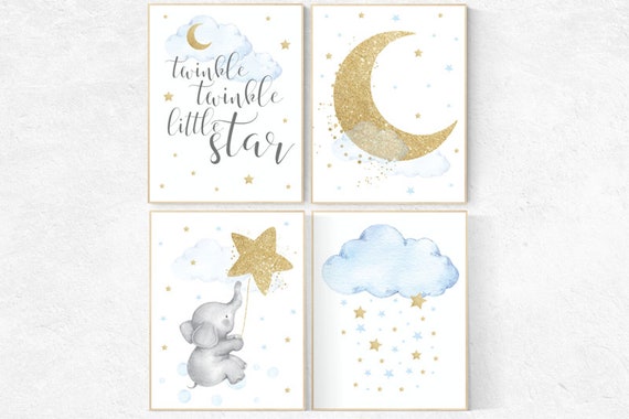 Nursery decor boy elephant, blue and gold nursery, twinkle twinkle little star, blue nursery wall art, cloud and stars, baby room decor