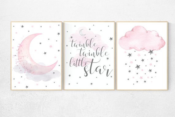 Nursery decor girl pink and gray, nursery decor girl pink, pink nursery, twinkle twinkle little star, cloud nursery, cloud and stars. moon