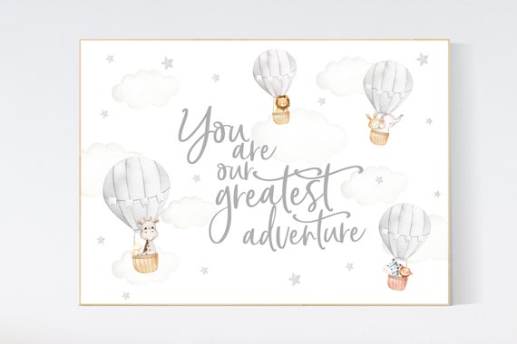 Hot air balloon nursery, Nursery decor neutral, gender neutral, animal nursery, woodland animals, gray, grey, travel theme, nursery wall art