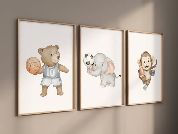 Sports nursery decor, Baby Animals Sport, Baby boy sports nursery, Safari nursery, soccer, football, basketball nursery, animal sports