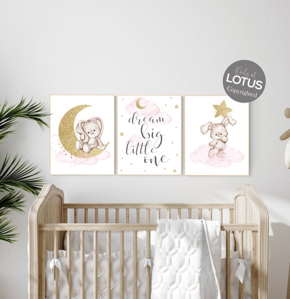 Nursery decor girl flower bunny, nursery wall art bunny, pink gold nursery decor, bunny print nursery girl, rabbit nursery, rabbit print